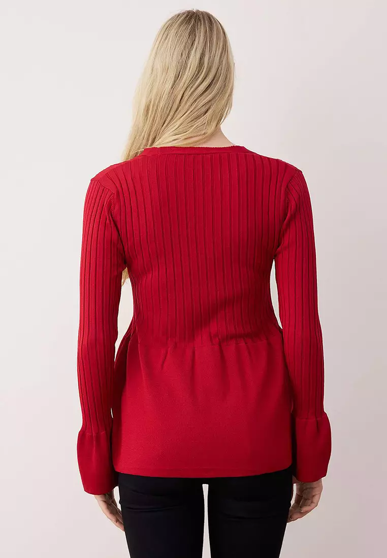 Red Peplum Detailed Knitwear Cardigan Twoaw26Hi271