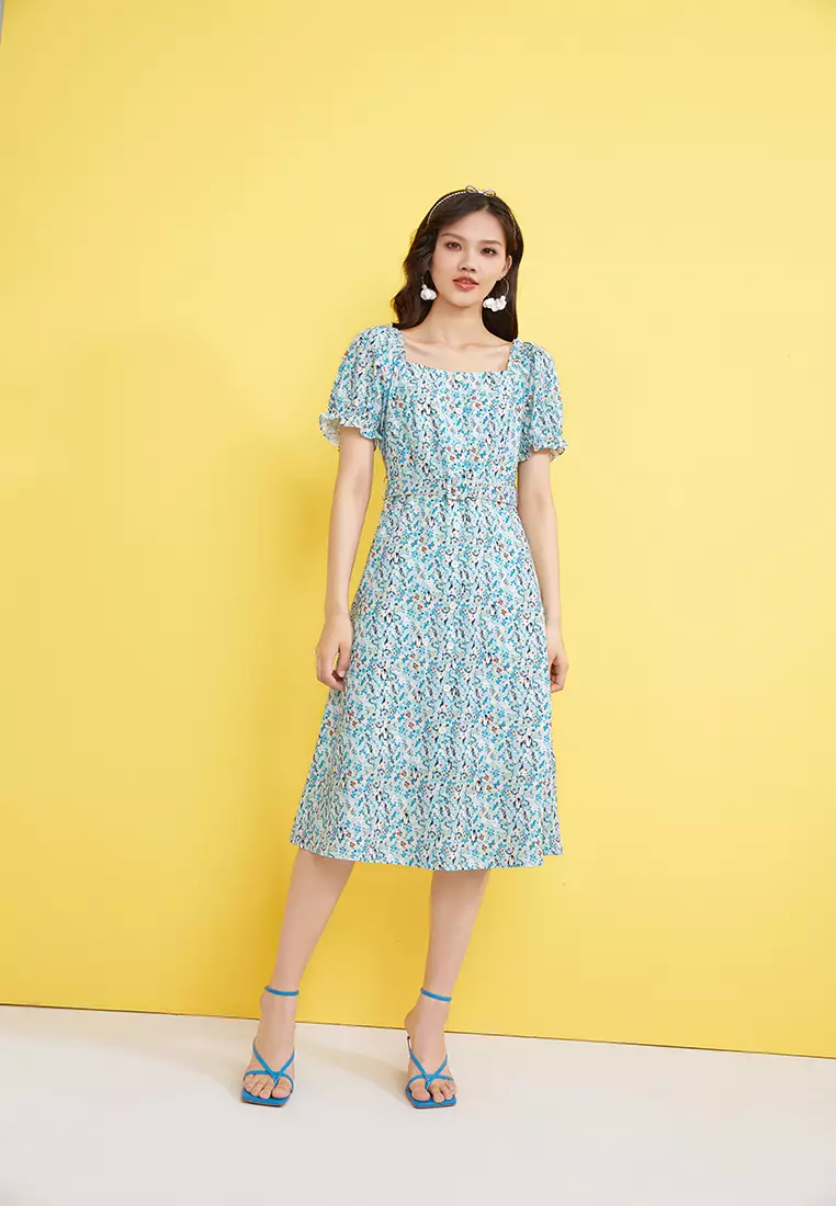 Square Neck Floral Midi Dress