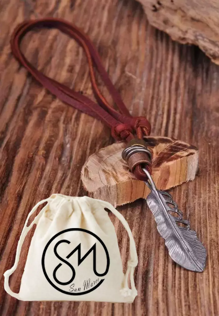 Aksesoris Kalung Kulit Pria Classic Leaf Leather Necklace Brown & Silver