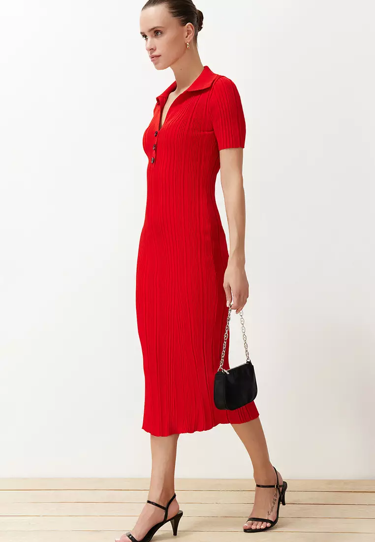 Red Plain Maxi Maxi Knitwear Polo Neck Knitwear Dress TWOSS24EL00282