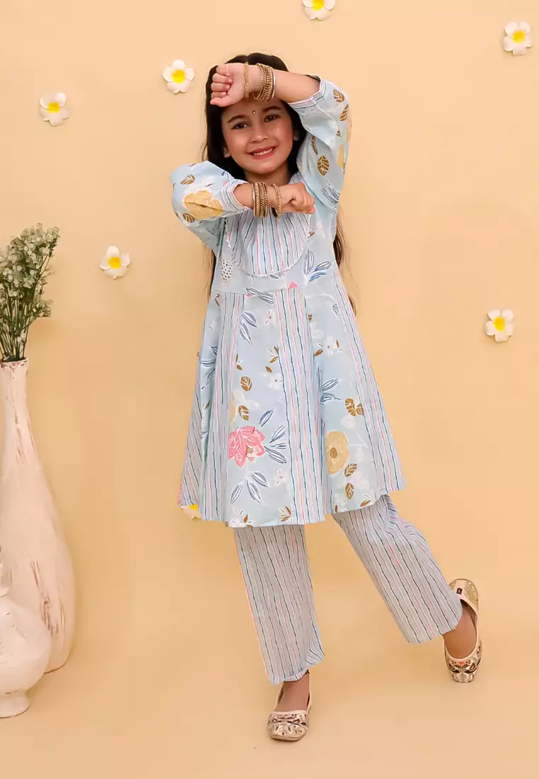 The Mom Store Megh Malhaar 女童花卉印花阿纳卡利库尔塔套装 - 多色