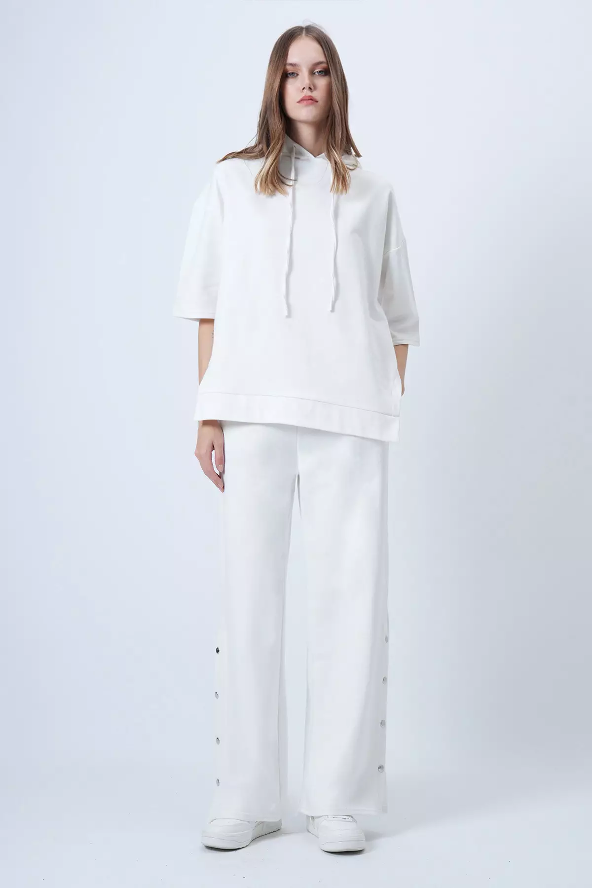 Women'S White Hooded Sweatshirt With Side Slits And Wide Leg Pants Set Alc-X14607