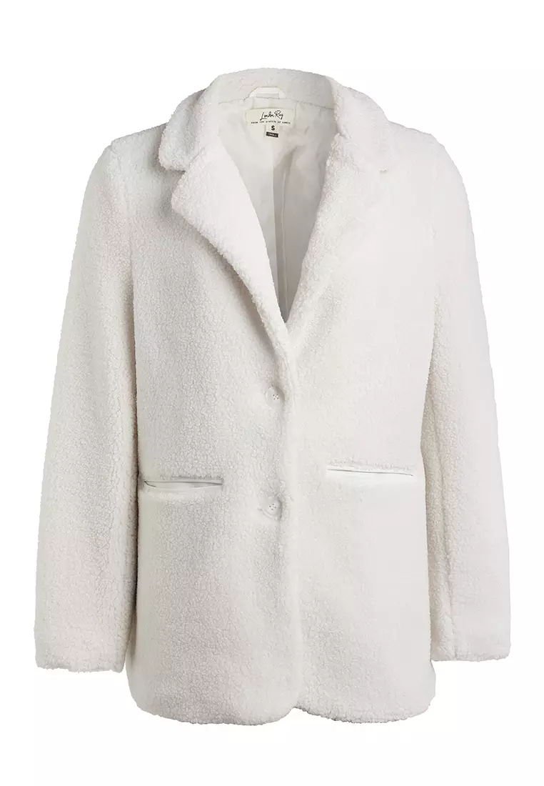 Jaket Teddy Berbulu Palsu Ukuran Besar Warna Ecru