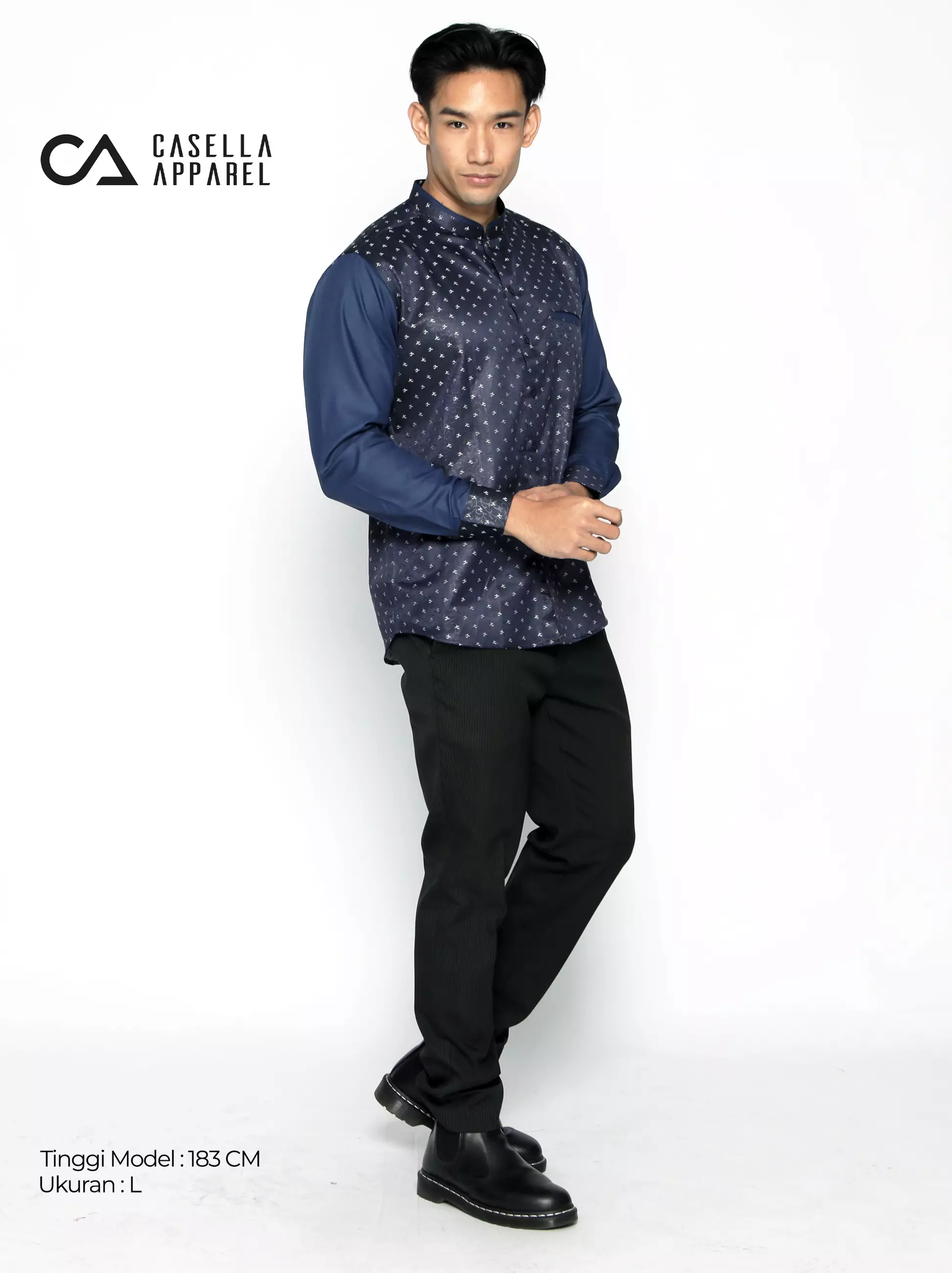 Casella Baju Koko Pria Lengan Panjang Kombinasi Batik Jeddah Design 9925 Navy