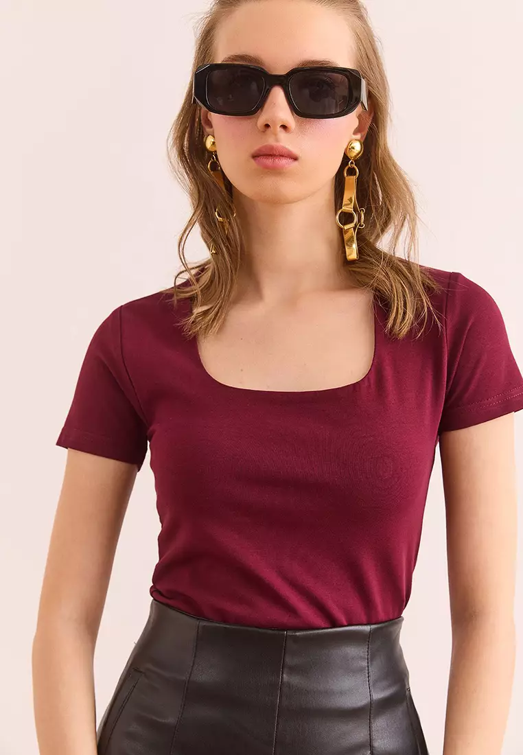 Square Neck Front Double Layer Crop Cotton Blouse