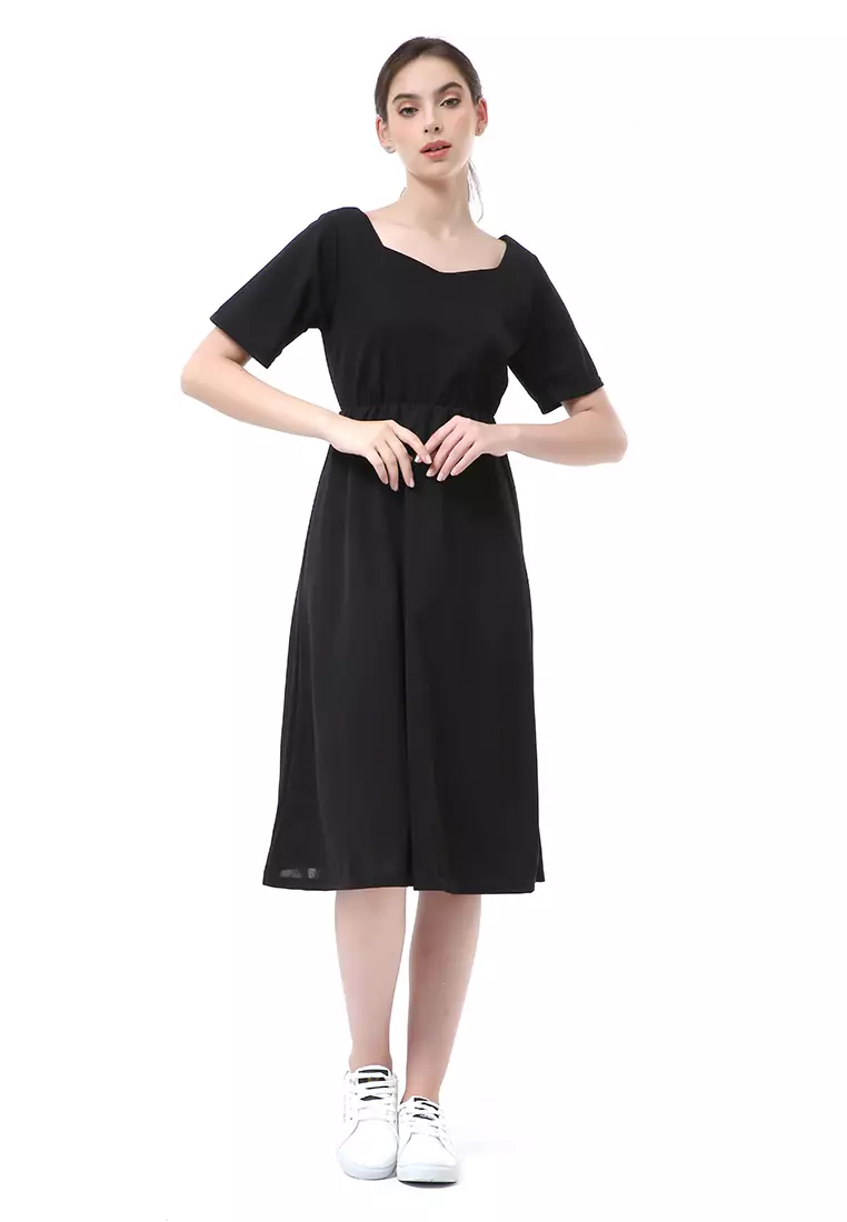 Rachel Long Dress Wanita Lengan Pendek Motif Polos Material Cotton ORIGINAL - Black