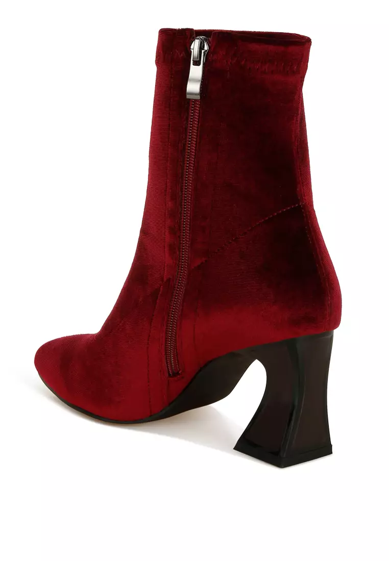 Burgundy Flared Block Heel Velvet Boots