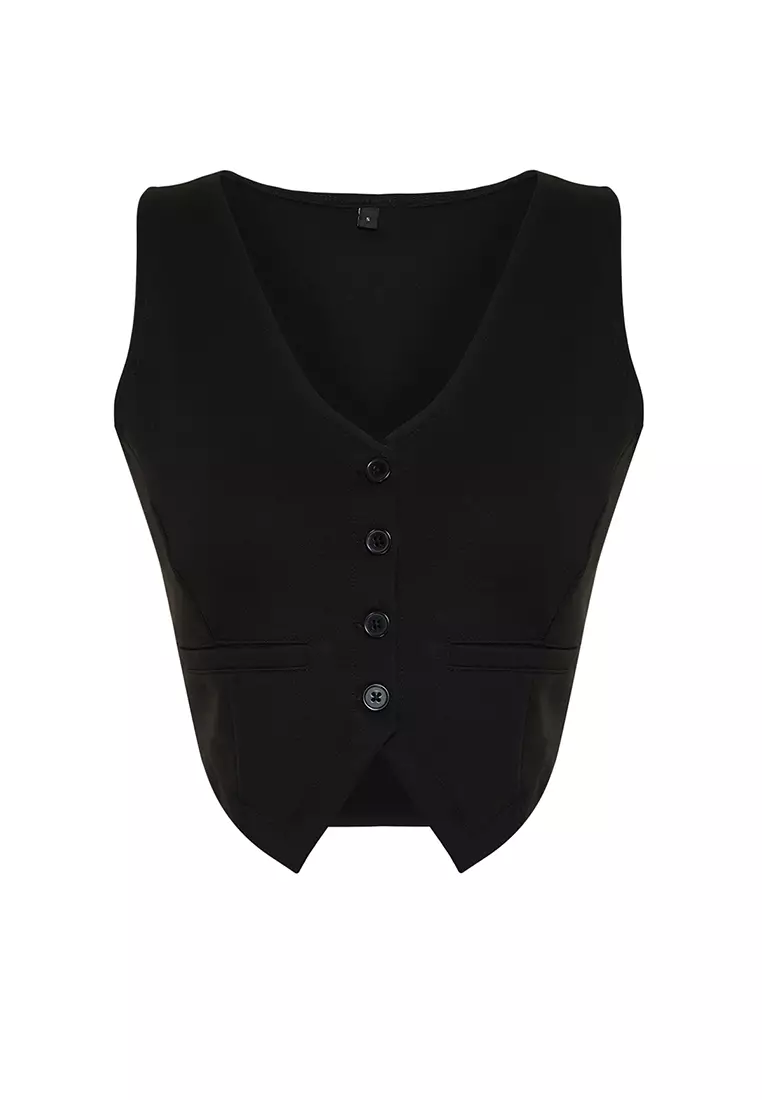Black Plain Slim Regular Button Detailed Crop Vest