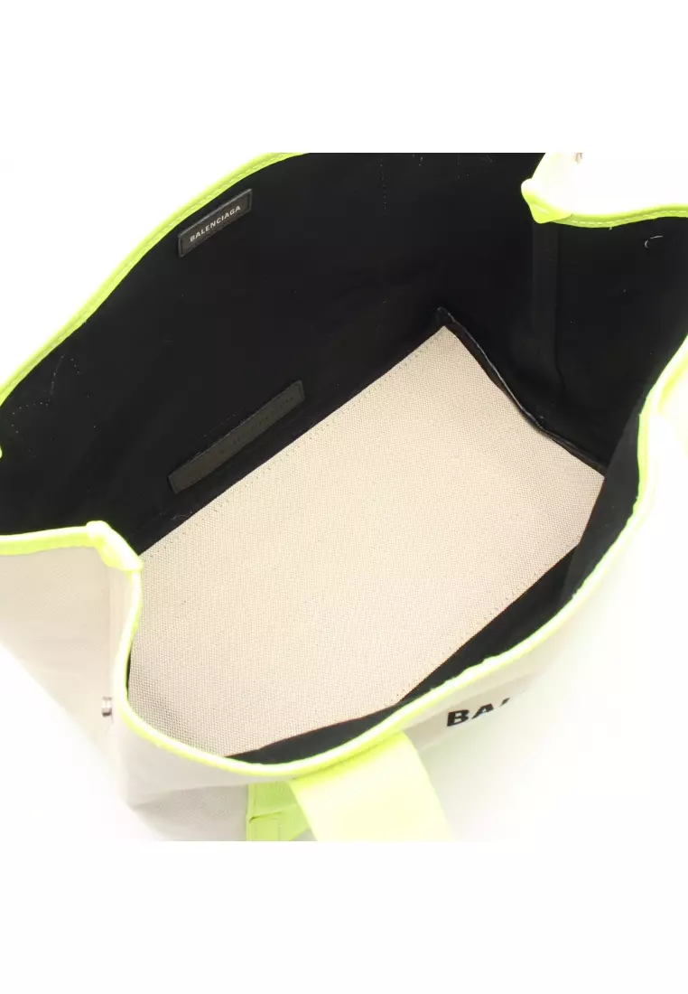 Pre-Loved BALENCIAGA NAVY CABAS S navy hippopotamus Handbag tote bag canvas leather ivory yellow Neon color