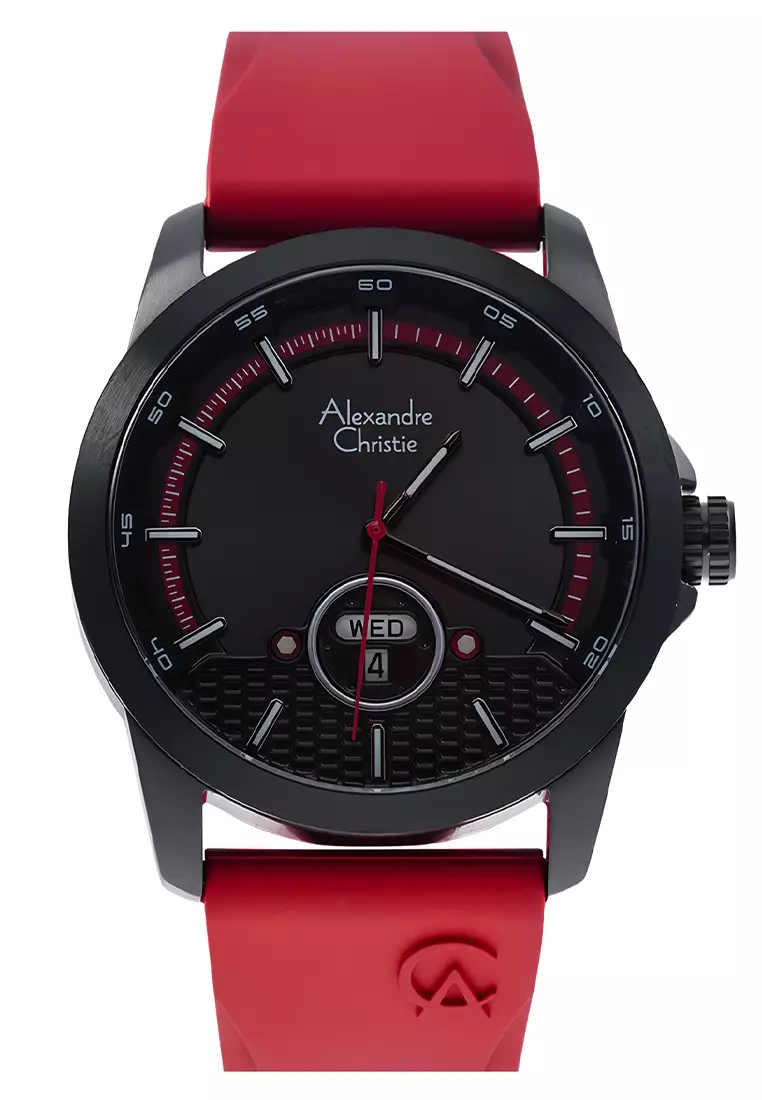 Alexandre Christie - Jam Tangan Pria - Black - Red Rubber Strap - 6656 MERIPBARE