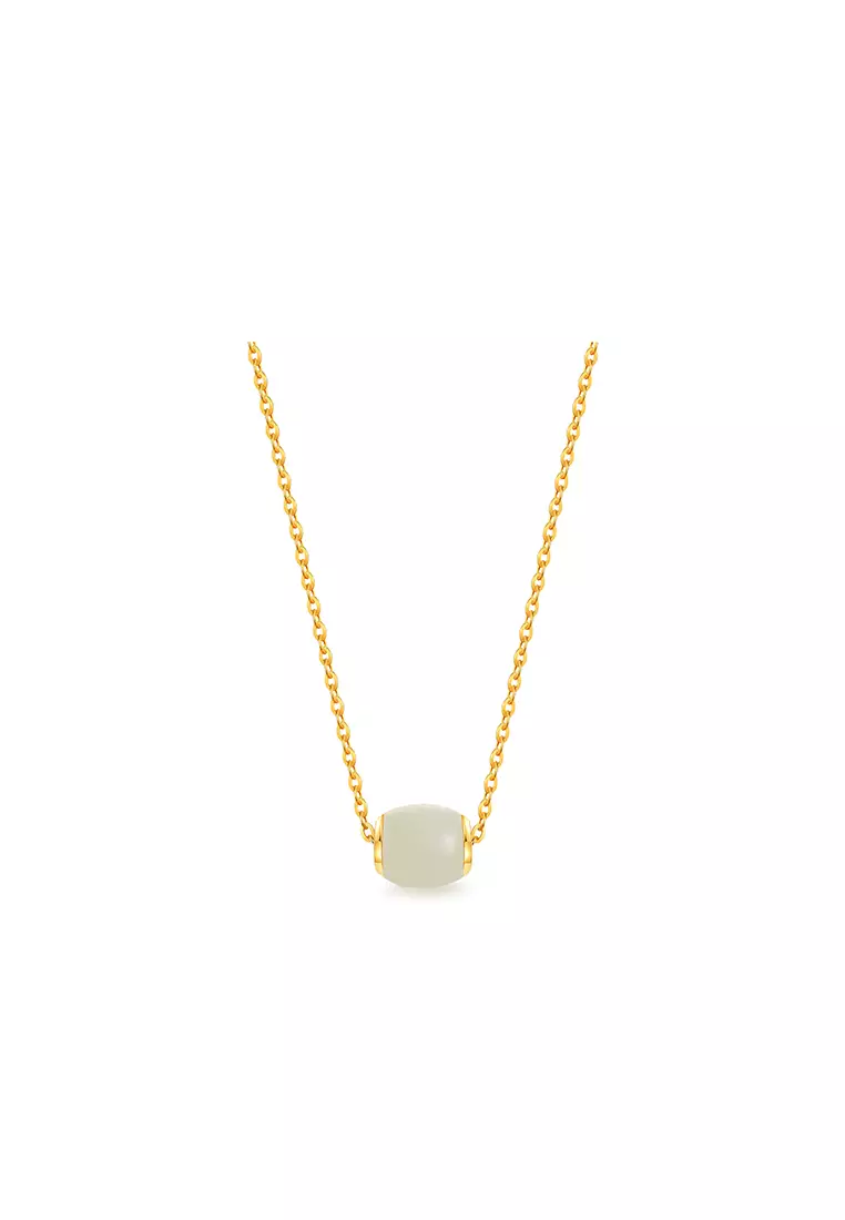 999.9/24K Gold Foil Inlaid White Jade with 375/9K Gold Polo Chain Necklace Set J3