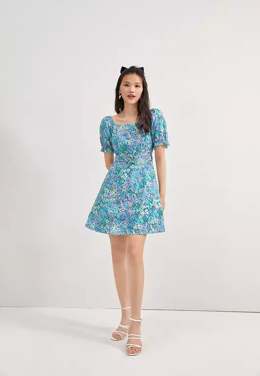 Square Neck Floral Mini Dress with Belt