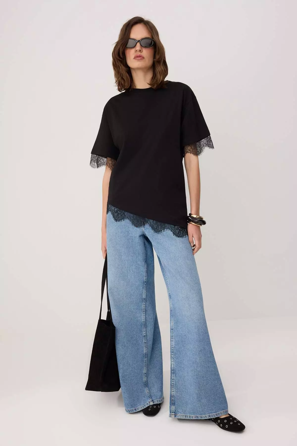 Black Regular/Normal Fit Lace Pack Low Sleeve Short Sleeve Soft Touch Knitted T-Shirt Twoss26Ts196