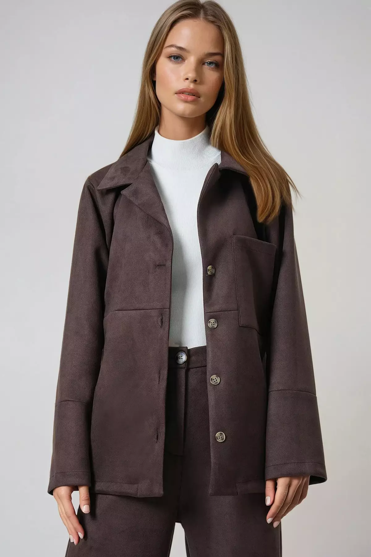 Bitter Brown Single Pocket Faux Suede Jacket With Stitching Detail Alc-X14404