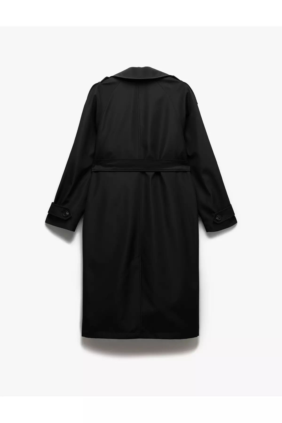 長袖束腰雙排扣長款華達呢風衣連口袋