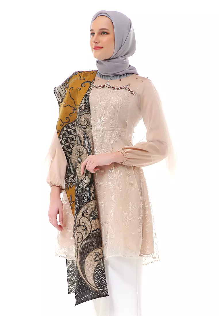 Bulan Tunik Atasan Wanita Series Couple Batik Lengan Panjang  Premium Style Couple Series High Quality - Cream