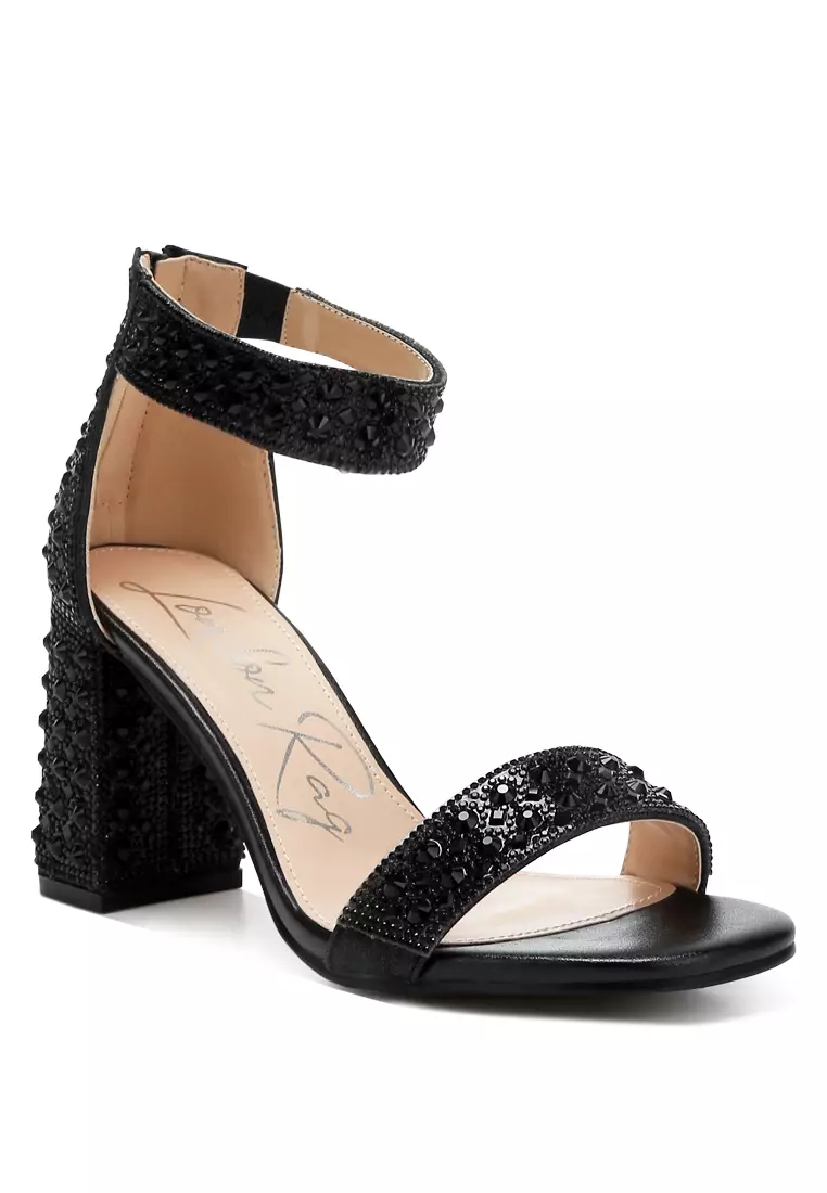 Rhinestones And Sequins Block Sandals in Black