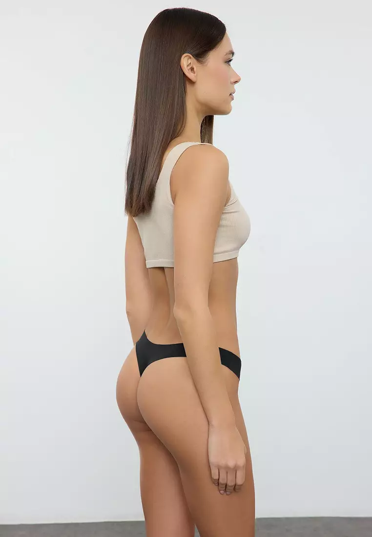 Black 6-Pack Micro Seamless/Non-Trace Laser Cut Thong Knitted Panties THMAW25KU00039