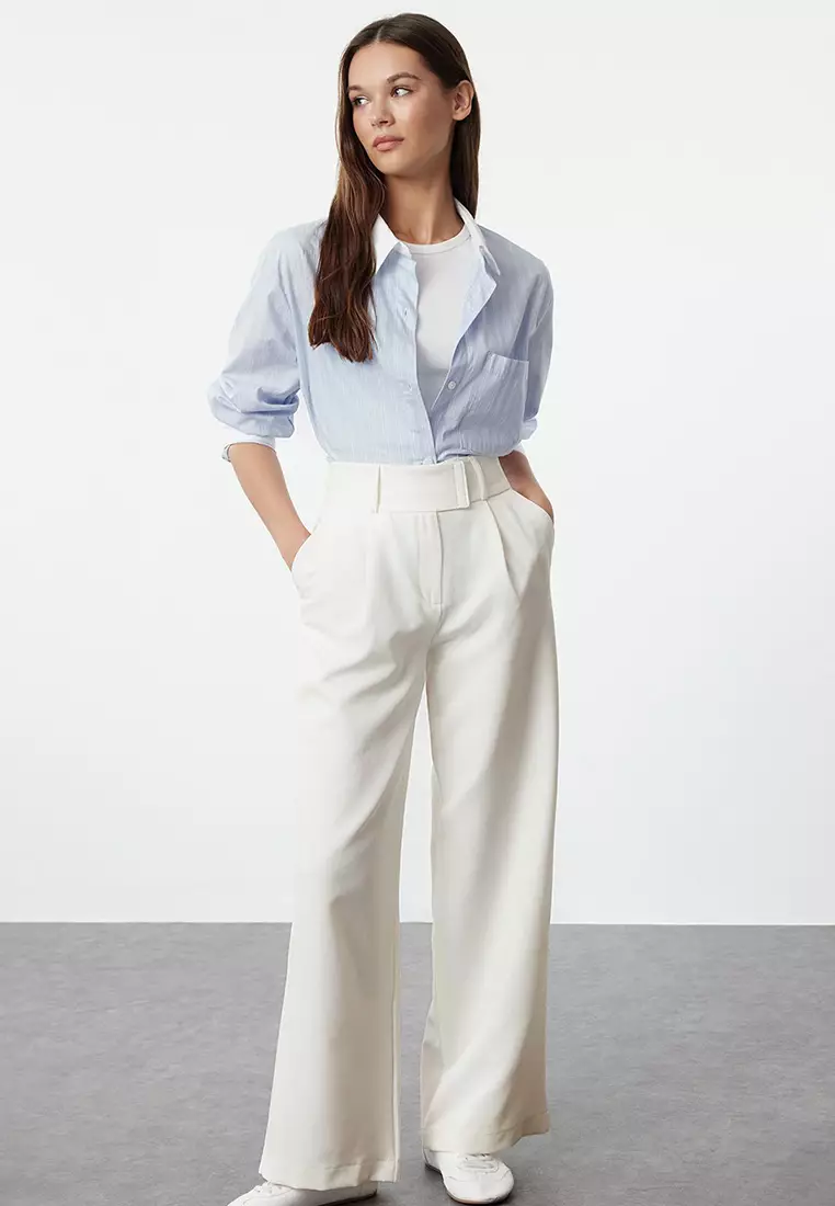 White Waist Detailed Straight Cut Woven Fabric Trousers TWOAW25PL00038