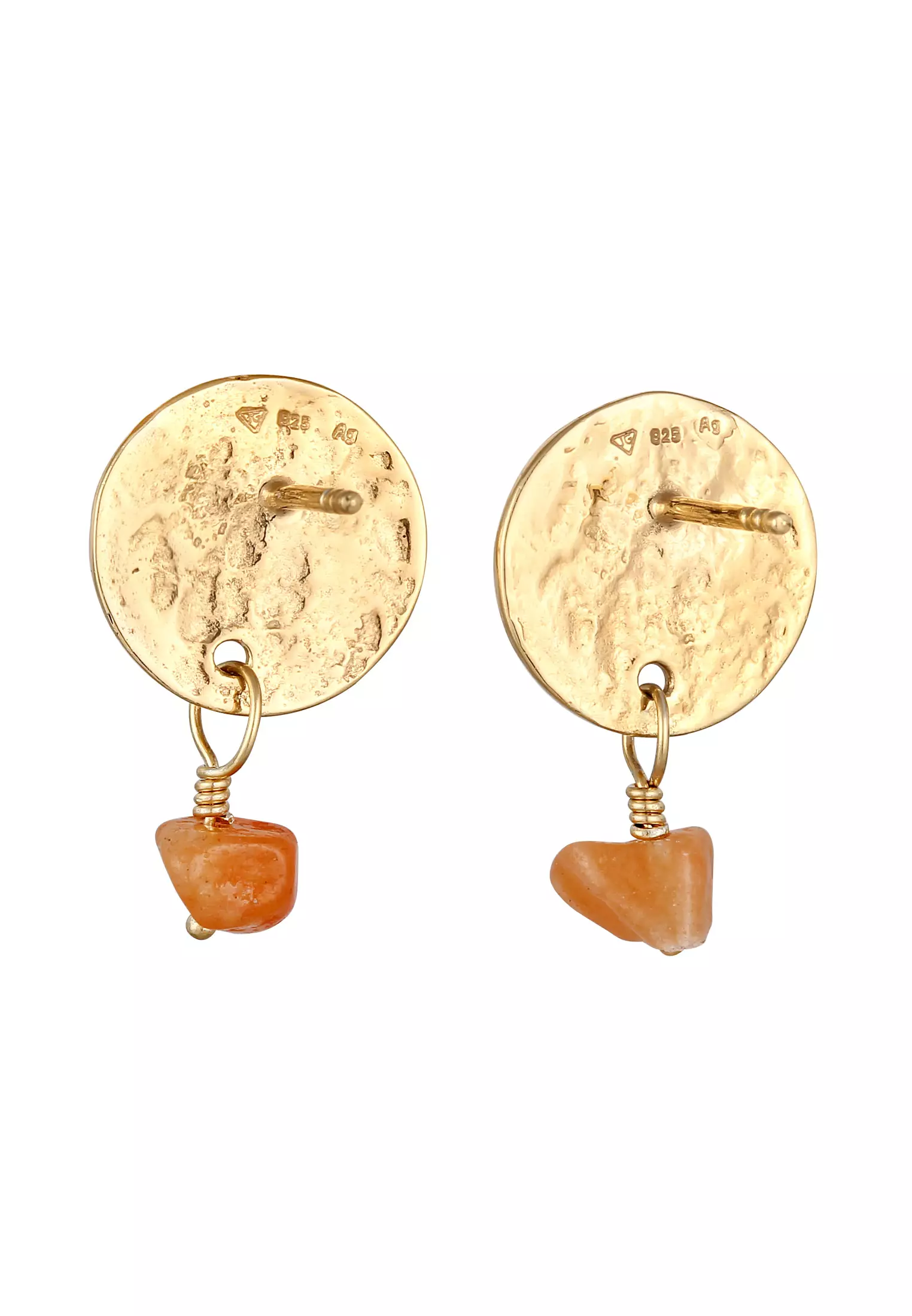 Earrings Stud Stone Plate Aventurine Brown  Gold Plated
