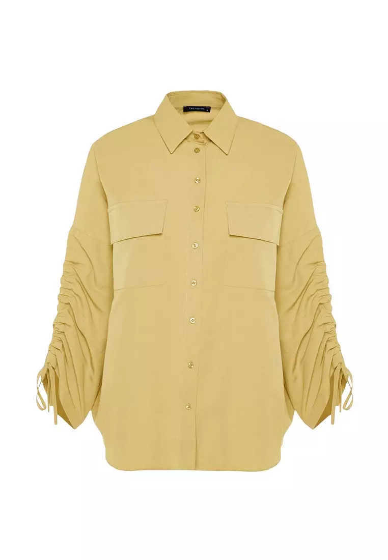Light Yellow Sleeves with Adjustable Gathering Detail Woven Cotton Shirt TCTSS23TG00011
