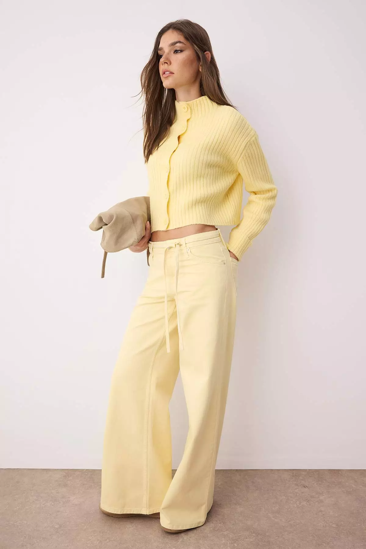 Yellow Crop Soft Textured Stand Collar Knitwear Cardigan