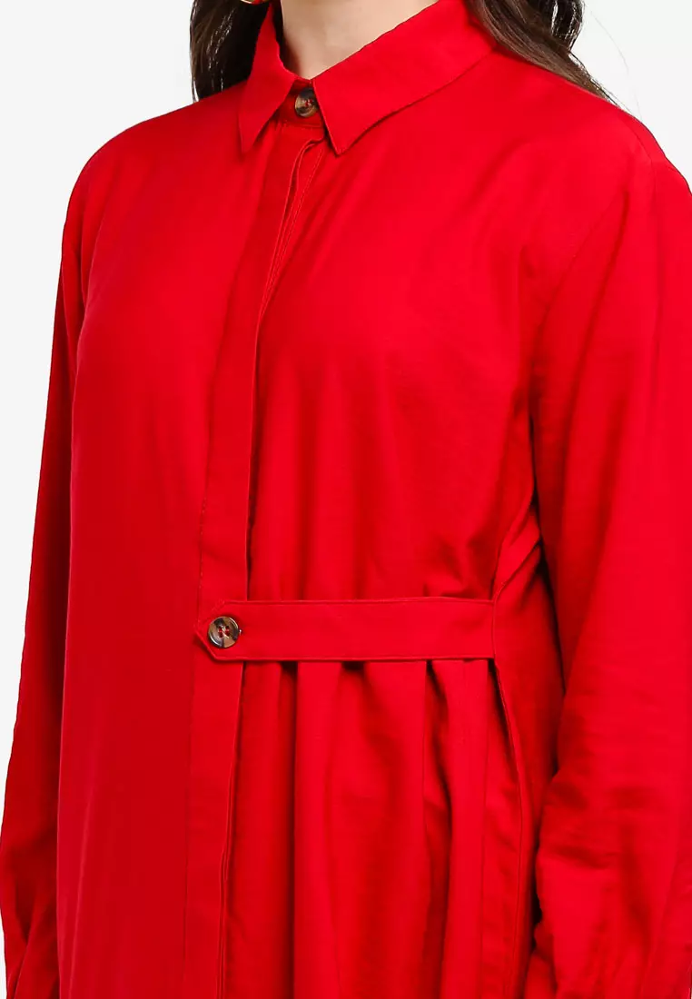 One-Side-Belted Shirt-Collar Poplin Tunic