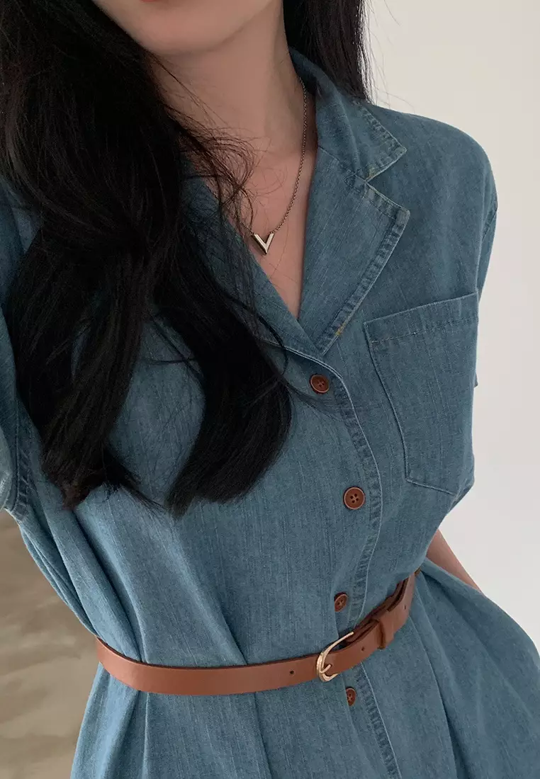 Retro style waist cinched short sleeved denim dress CA25032719LGBL