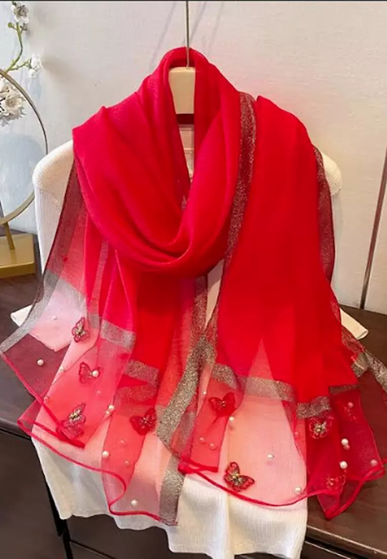 Aksesoris Wanita Pearly Studs Butterfly Embroidery Silk Shawl Syal Sutra Wanita Chilli Red