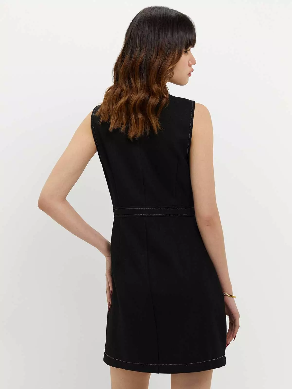 Zippered Contrast Stitch Dress - Black