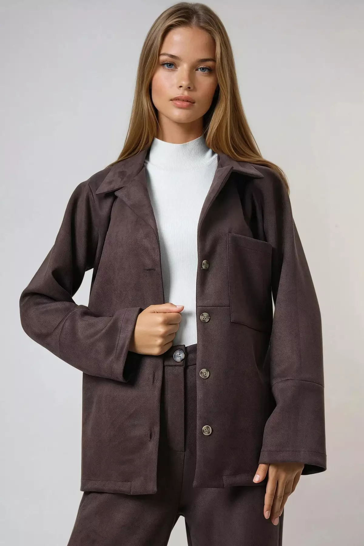 Bitter Brown Single Pocket Faux Suede Jacket With Stitching Detail Alc-X14404