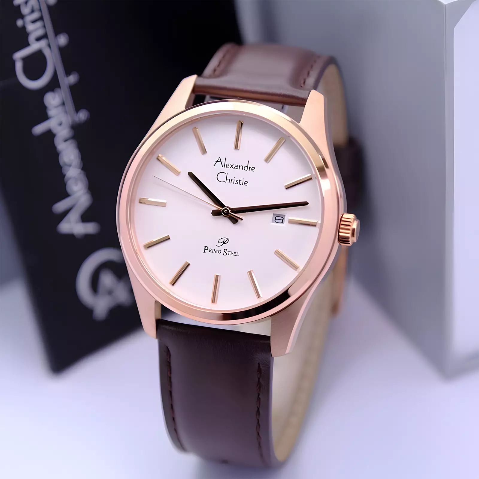 Alexandre Christie Primo Steel - Jam Tangan Analog Pria - Rose Gold Case - Brown Leather Strap - 1027 MDLRGSL