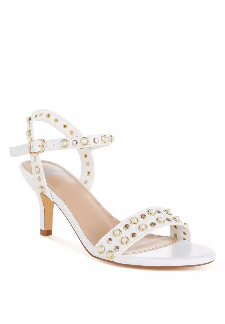 Studded Real Leather Kitten Heel Sandals In White