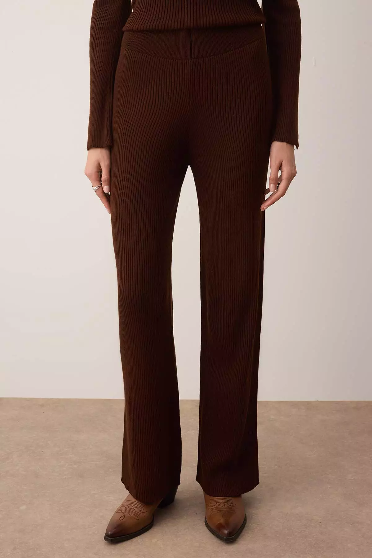 Brown Square Neck Body-Hugging Knitwear Bottom - Top Set