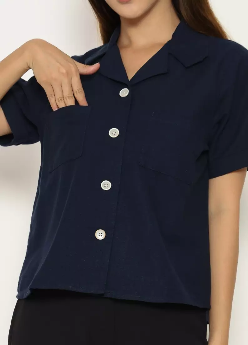 Urban Exchange Nala Navy Shirt - Atasan Kemeja Semi Crop Top
