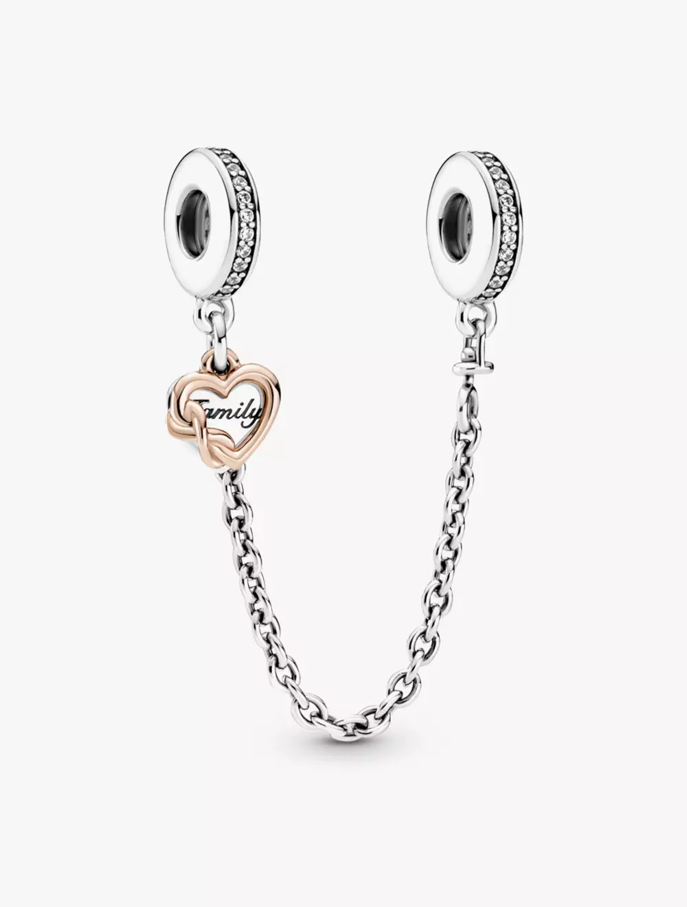 Heart and infinity sterling silver and Pandora Rose safety chain with clear cubic zirconia