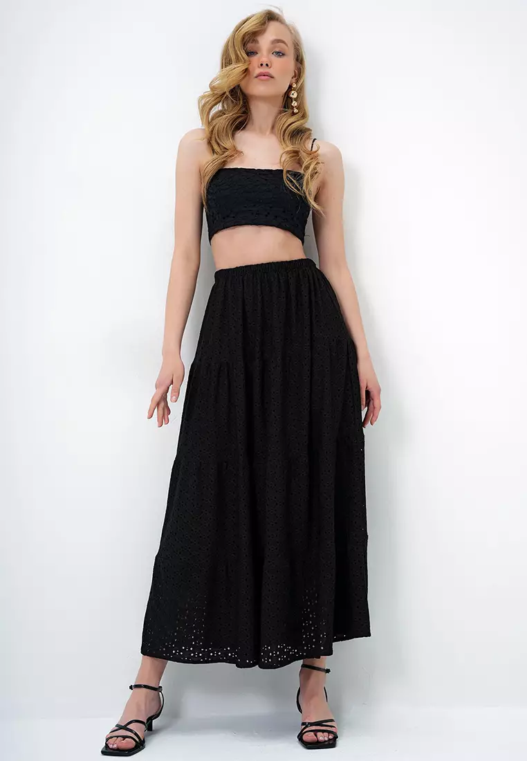 Women's Black Katkat Flounce Guipure Premium Skirt Alc-X14141