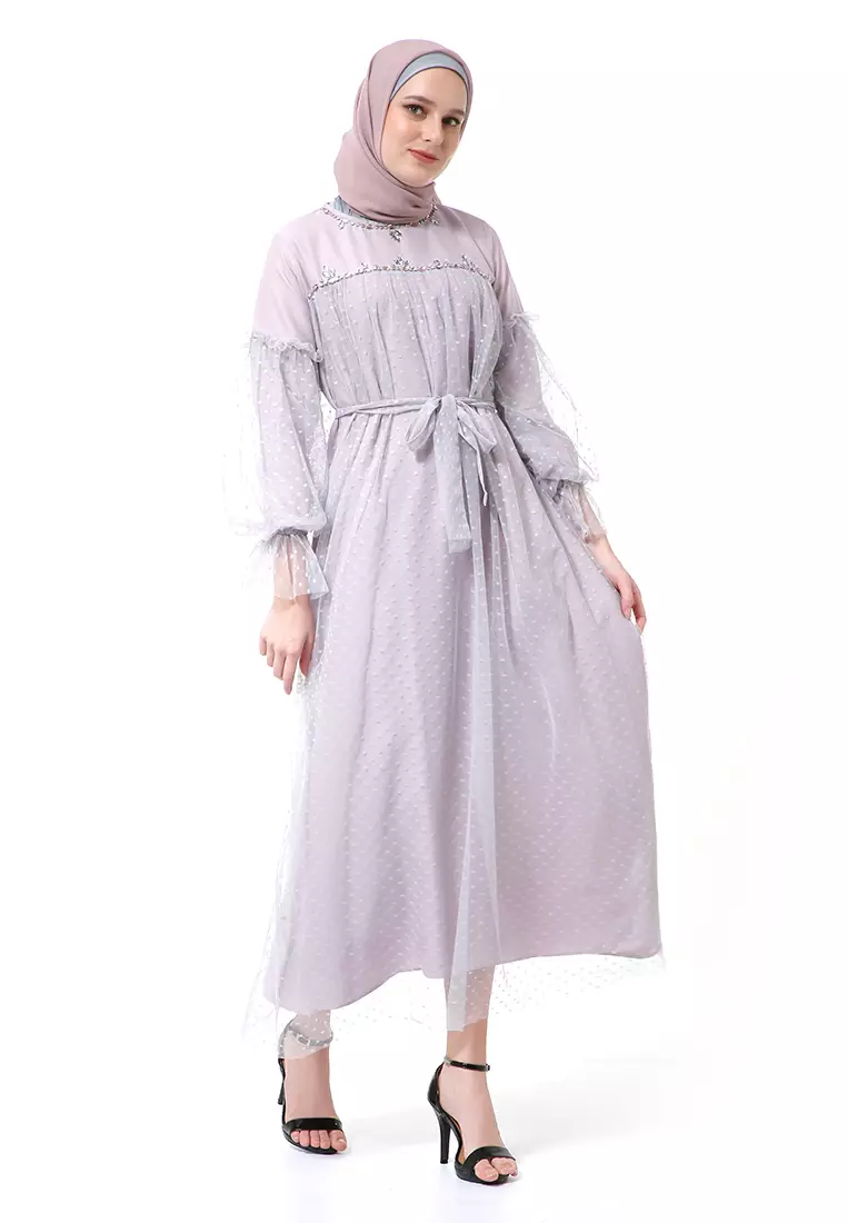 Varsha Dress Wanita Long Sleeve Motif Polos Polkadot High Quality - Silver Mauve