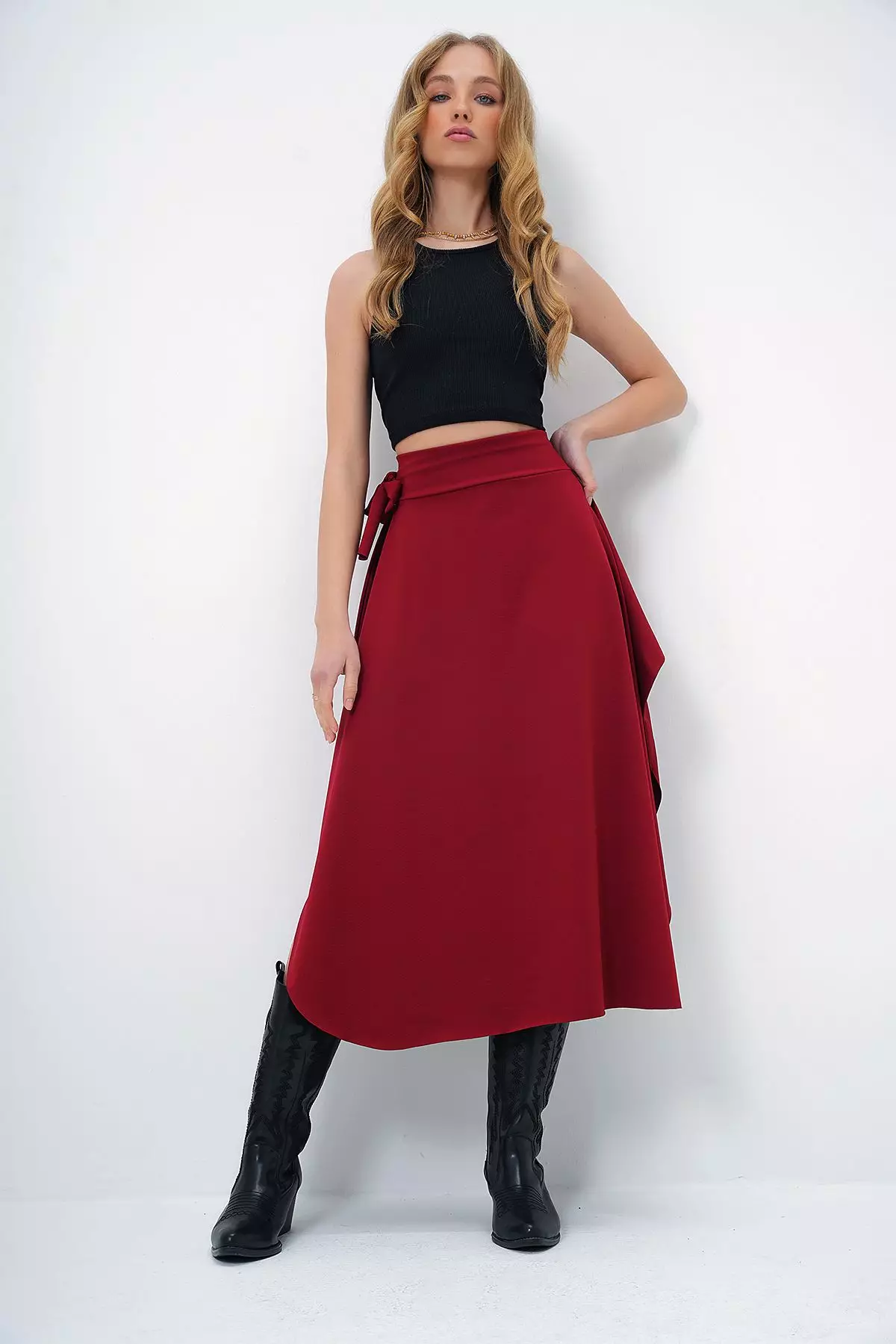 Bordeaux Ethnic Pattern Midi Asymmetric Regular Skirt