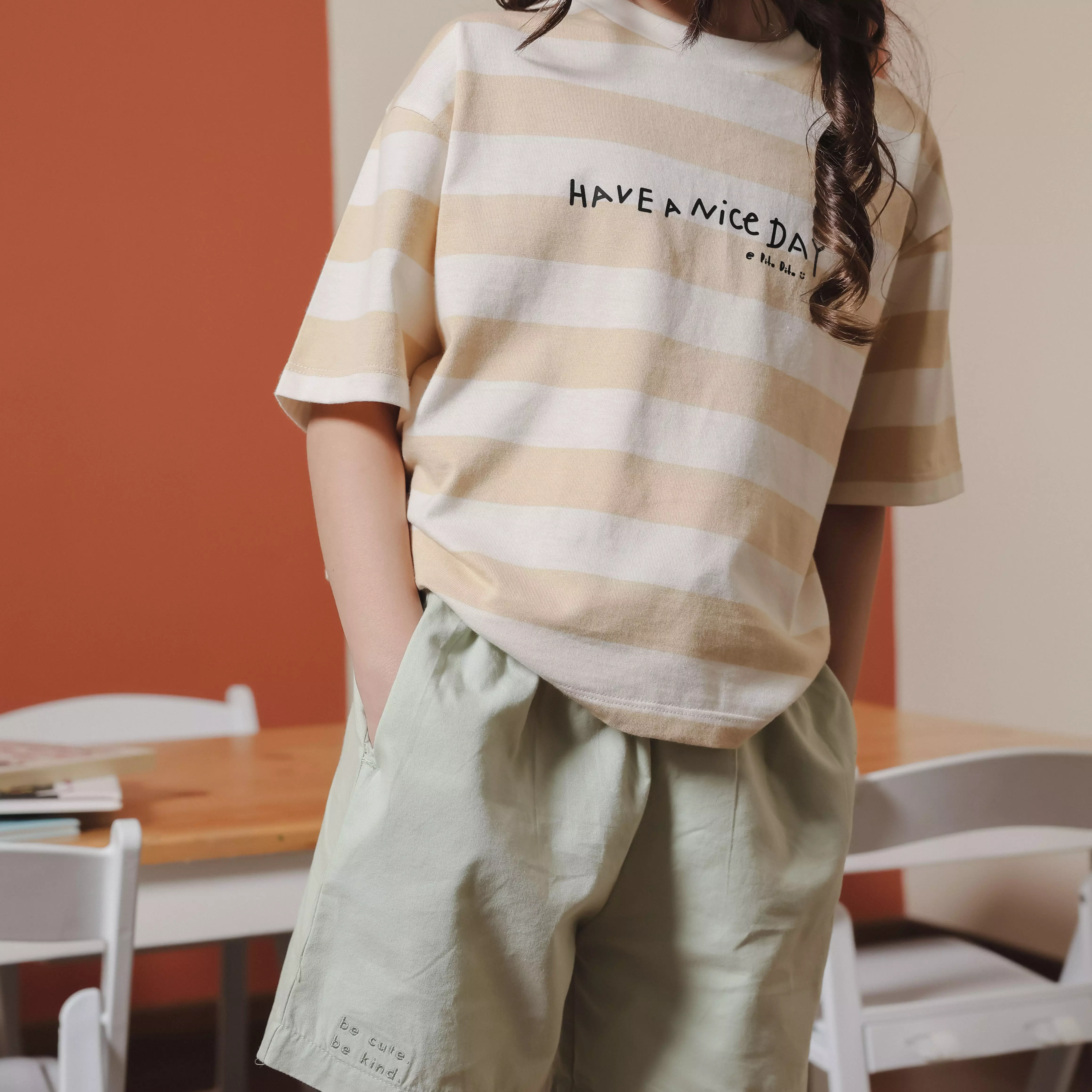 Pito Dito Girl Severus T-shirt Pendek Anak Cream Motif Salur
