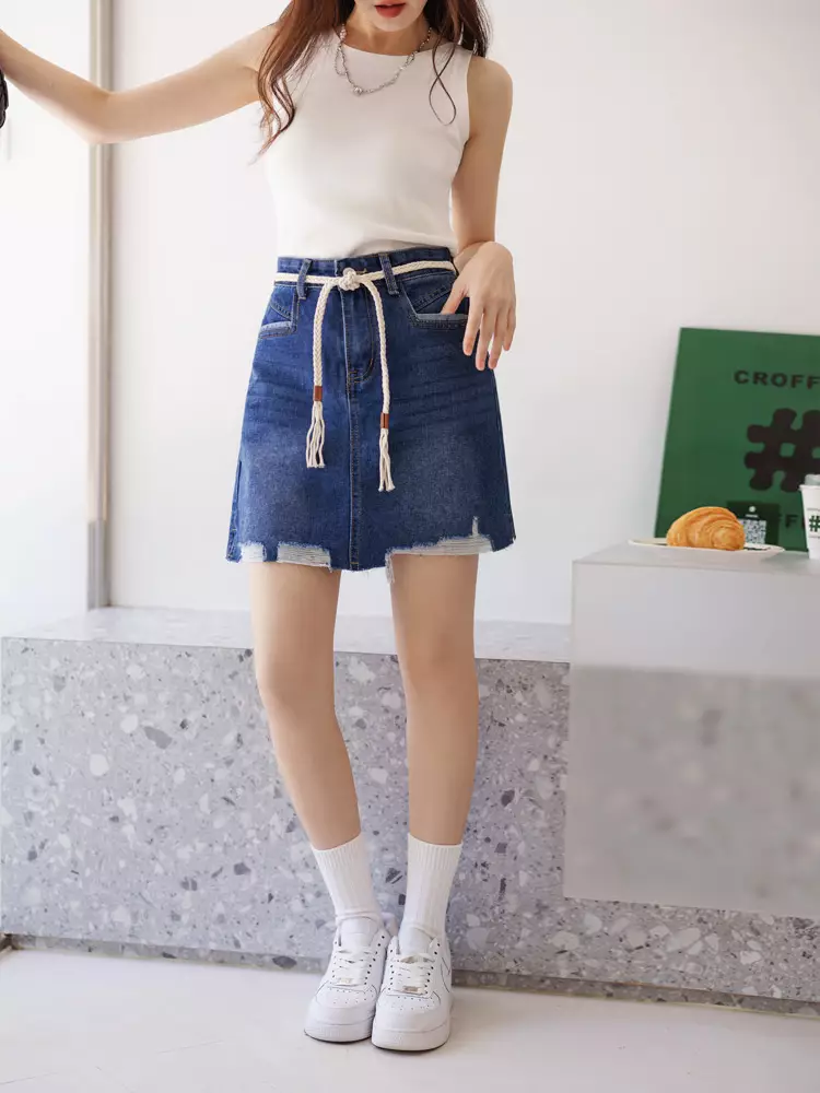 純棉刷破牛仔腰綁帶A字短裙《CA2923》