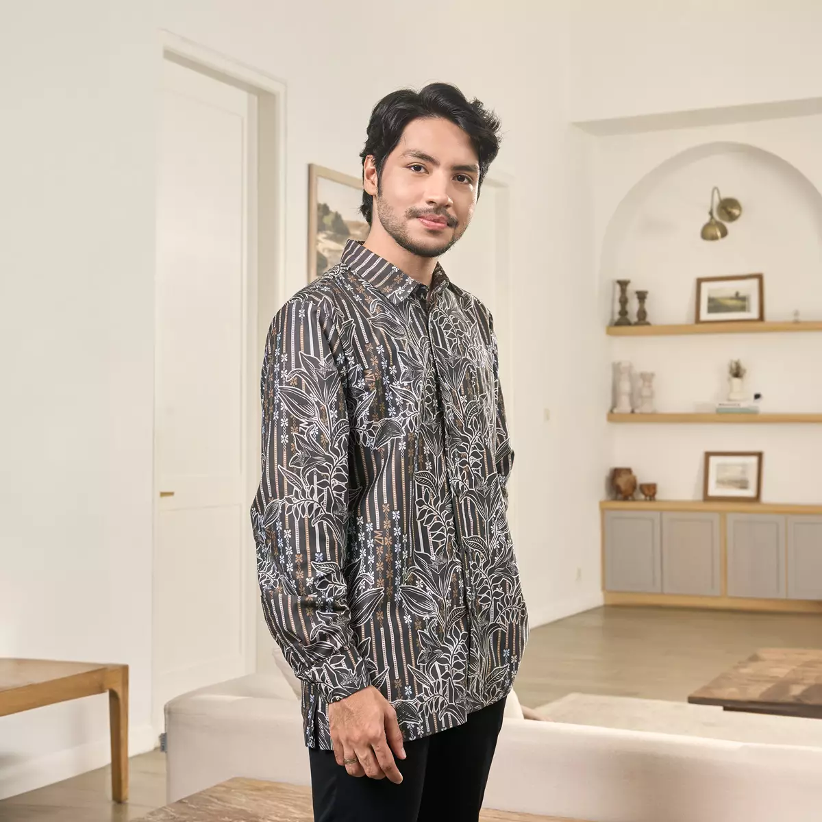 ZM Zaskia Mecca - Ralton Grey Black | Kemeja Koko Pria Panjang | Primadona Series Lilya Raya