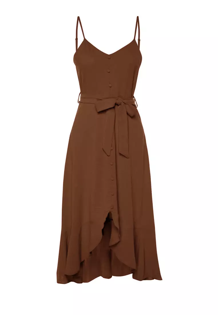 Brown Belted A-Line Flounce Button Detail Woven Maxi Dress TWOSS23EL02271