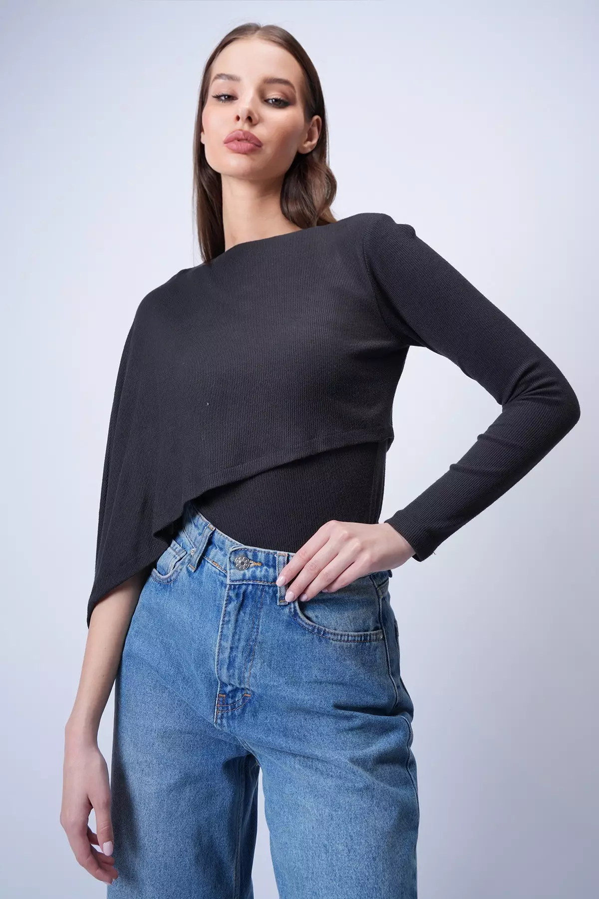 Women'S Black Single Sleeve Fixed Shawl Design Knitted Crop Blouse Alc-X15041