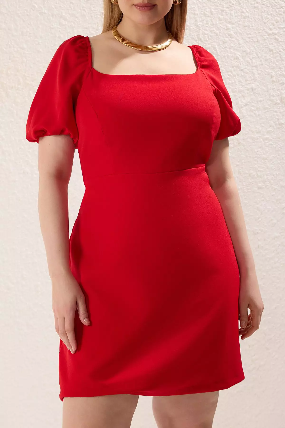 Square Neck Lining with Shorts Balloon Sleeves Woven Plus Size Dress