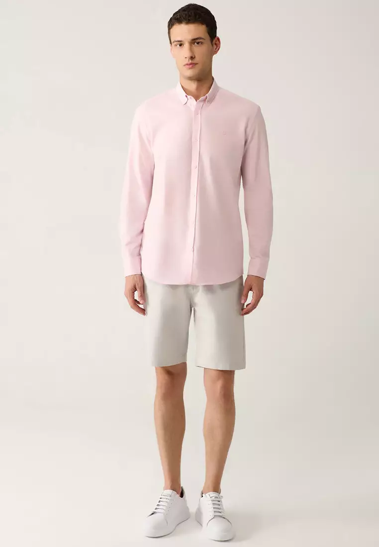 Men's Light Pink Button-Down Collar 100% Cotton Linen Textured Shirt E002141