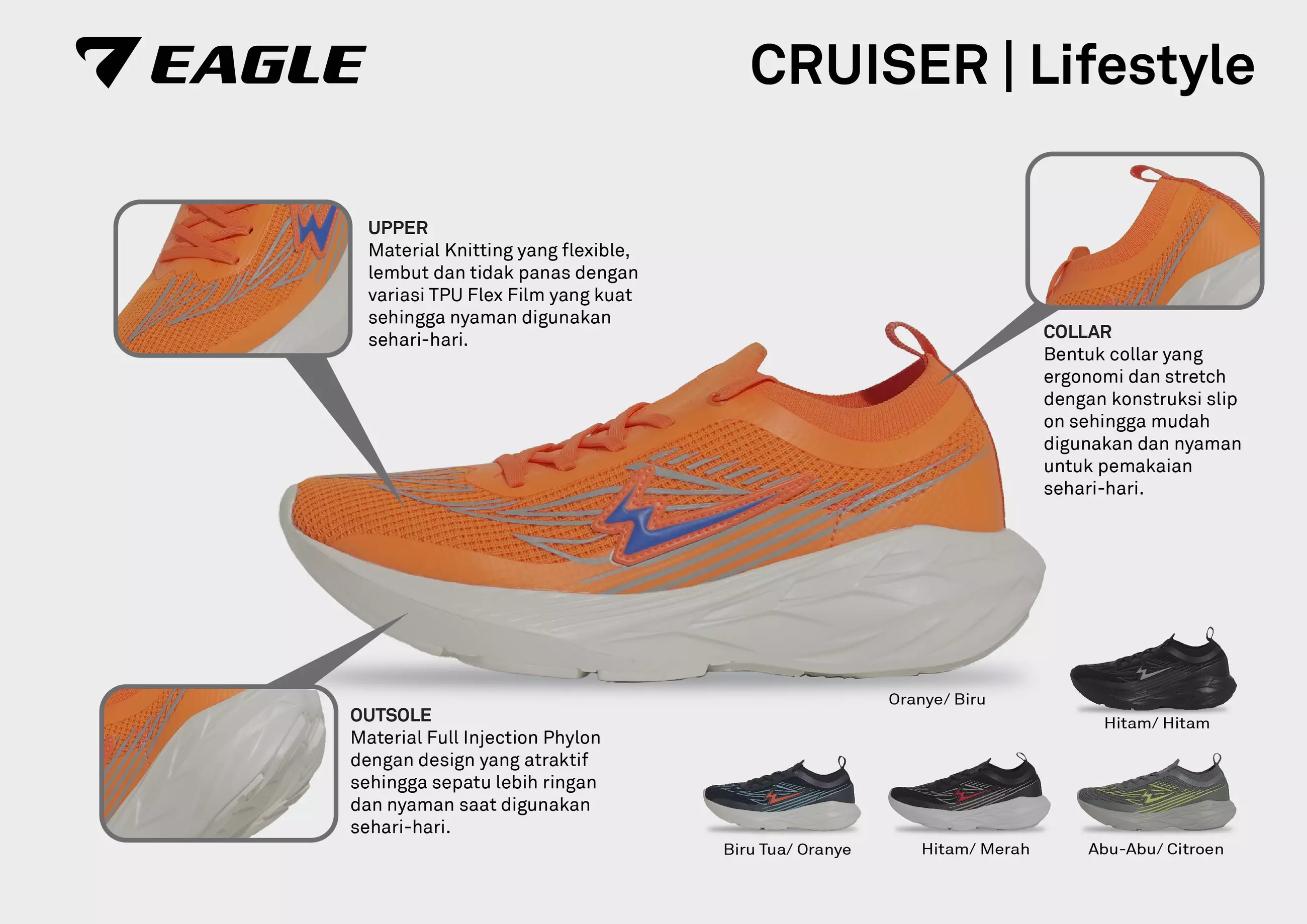 Eagle Sepatu Sneakers Lifestyle Cruiser – BIRU TUA/ORANYE