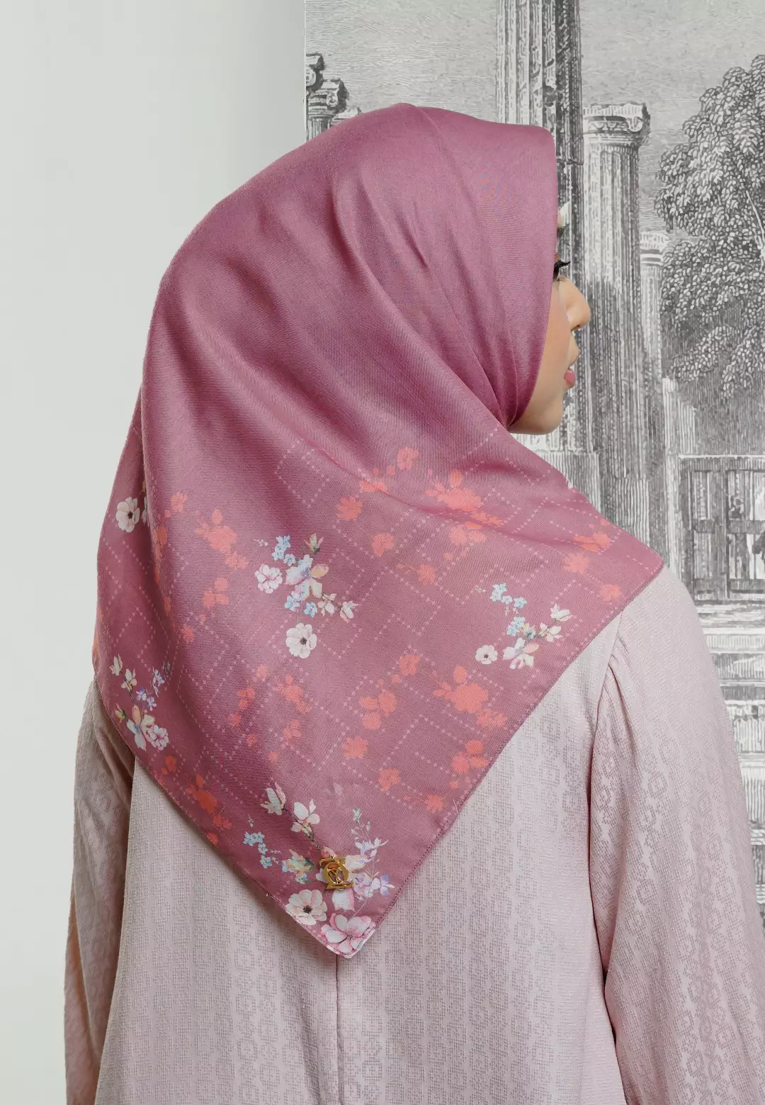 VIOLA Scarf Tropical Pink - Kerudung Hijab Segiempat Motif With BOX - Bahan Nesla - Ukuran 115x115