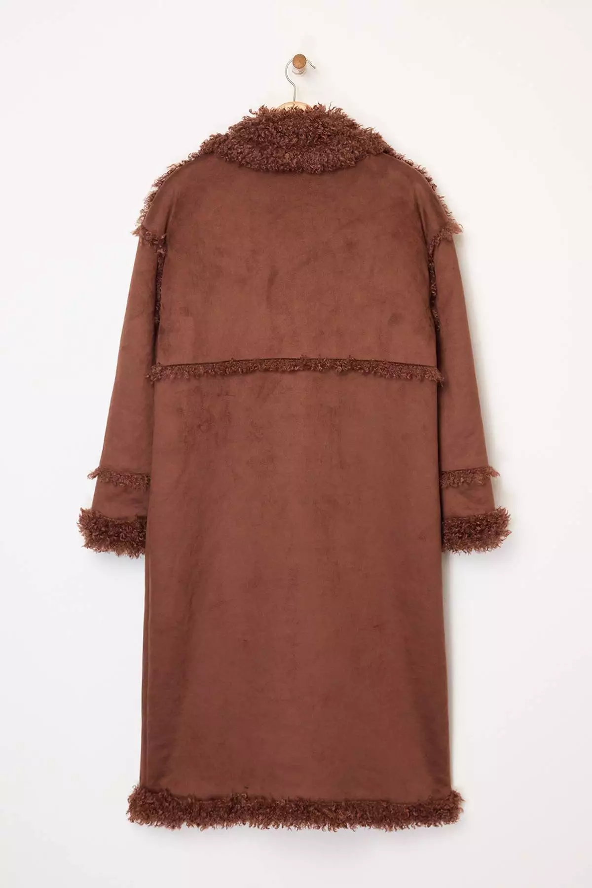 Brown Double-Sided Fur Mono Closure Oversize Long Suede Coat