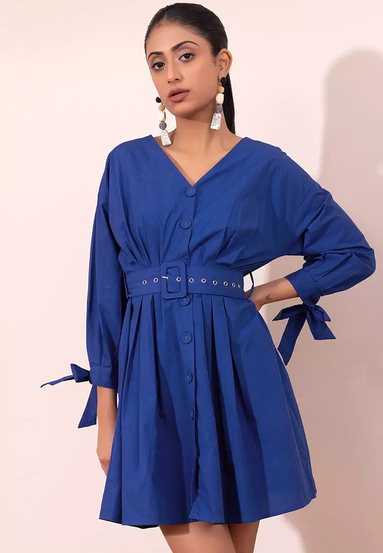 Dark Blue Poplin Dress With Self Fabric Buckle Belt